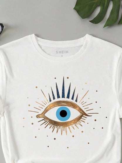 Evil Eye Print Crew Neck T-Shirt for Women size 16