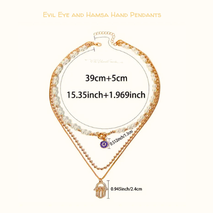 Pearl Necklace with Evil Eye and Hamsa Hand Pendants